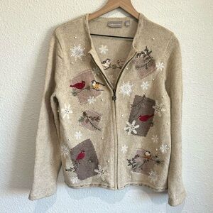 VTG Croft & Barrow Women's Small Zip up Cardigan Cardinal Embroidered Christmas